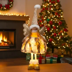 Père Noël, Animaux Et Personnage|Déco Et Objet Lumineux|KOOPMAN Ange de Noël lumineux à piles (H50 cm) Gladys fourrure Dé Or