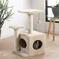 Arbre À Chat, Griffoir|LOVE STORY Arbre à chat avec jouet et niche Ecru