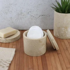 Accessoire Salle De Bain|TENDANCE Boite à coton Travertin Naturel Beige