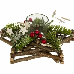 Centre De Table|Bougie Et Photophore|Feeric Lights & Christmas Bougeoir photophore (D20 cm) Etoile bois et forêt Vert