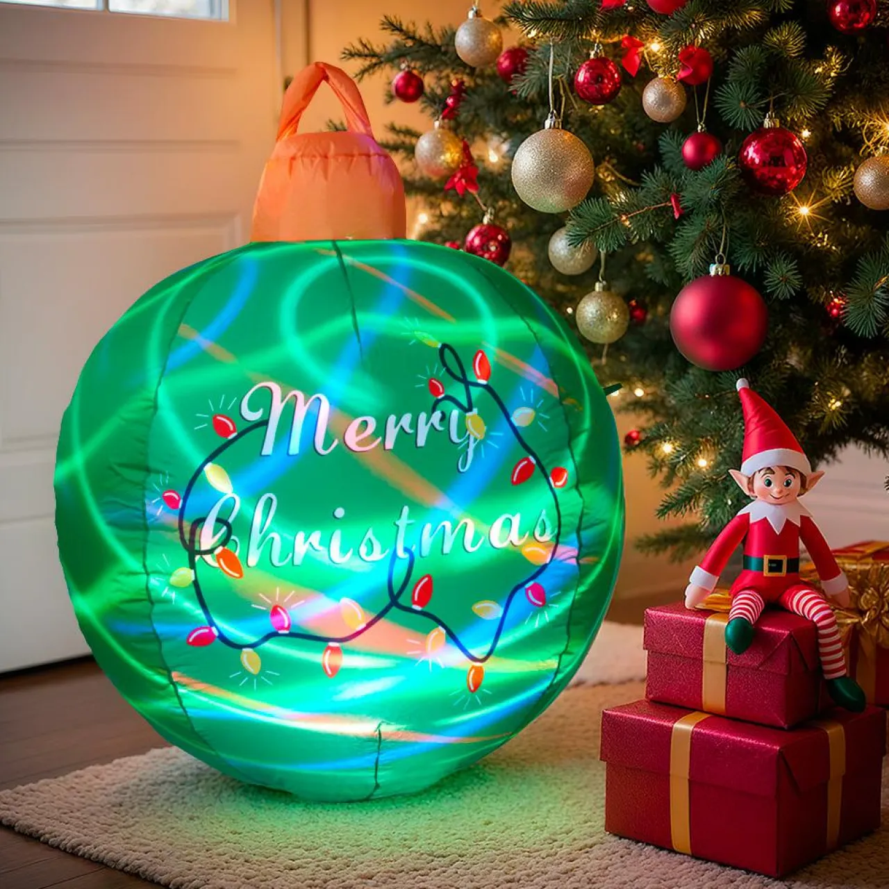 Déco Et Objet Lumineux|KOOPMAN Boule de Noël gonflable et lumineuse LED (D90 cm) Merry Christmas e Vert