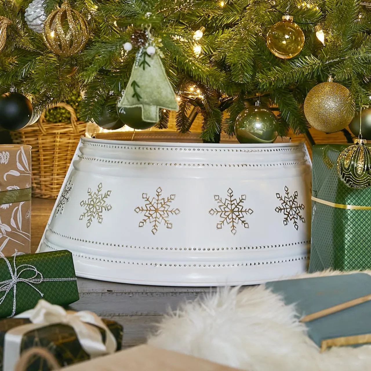 Cache Pied Sapin|KAEMINGK Cache pied de sapin en métal (D70 cm) et Flocons dorés Blanc