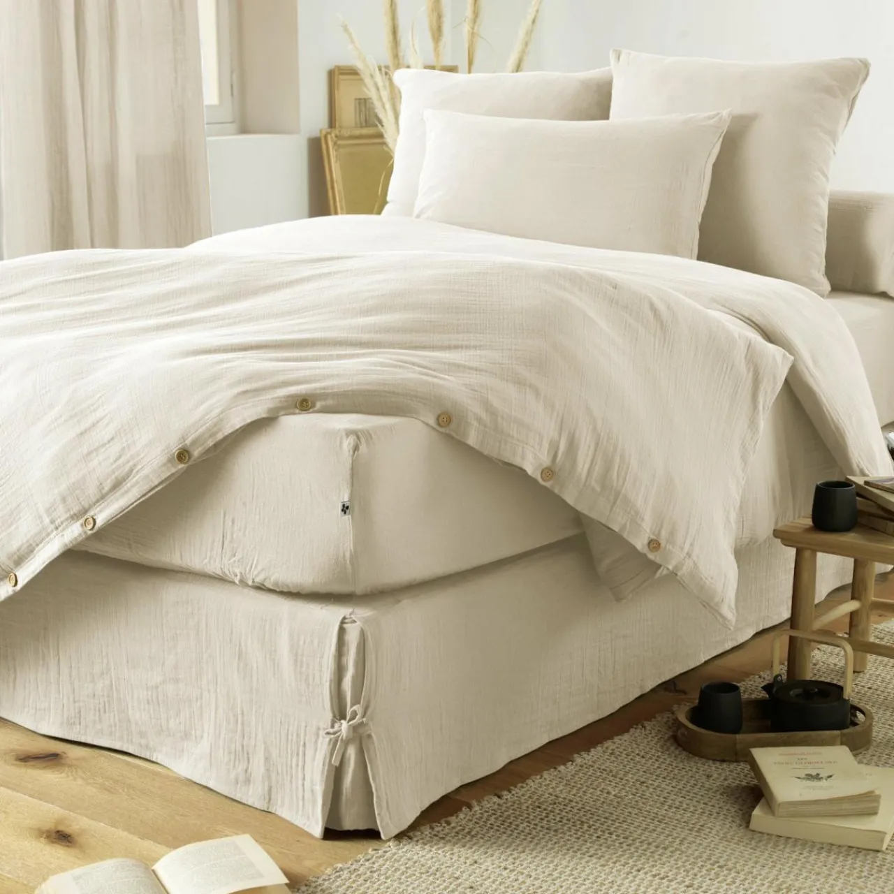 Protection De Literie|EMINZA Cache-sommier Gaze de coton (160 x 200 cm) Gaïa pampa Beige