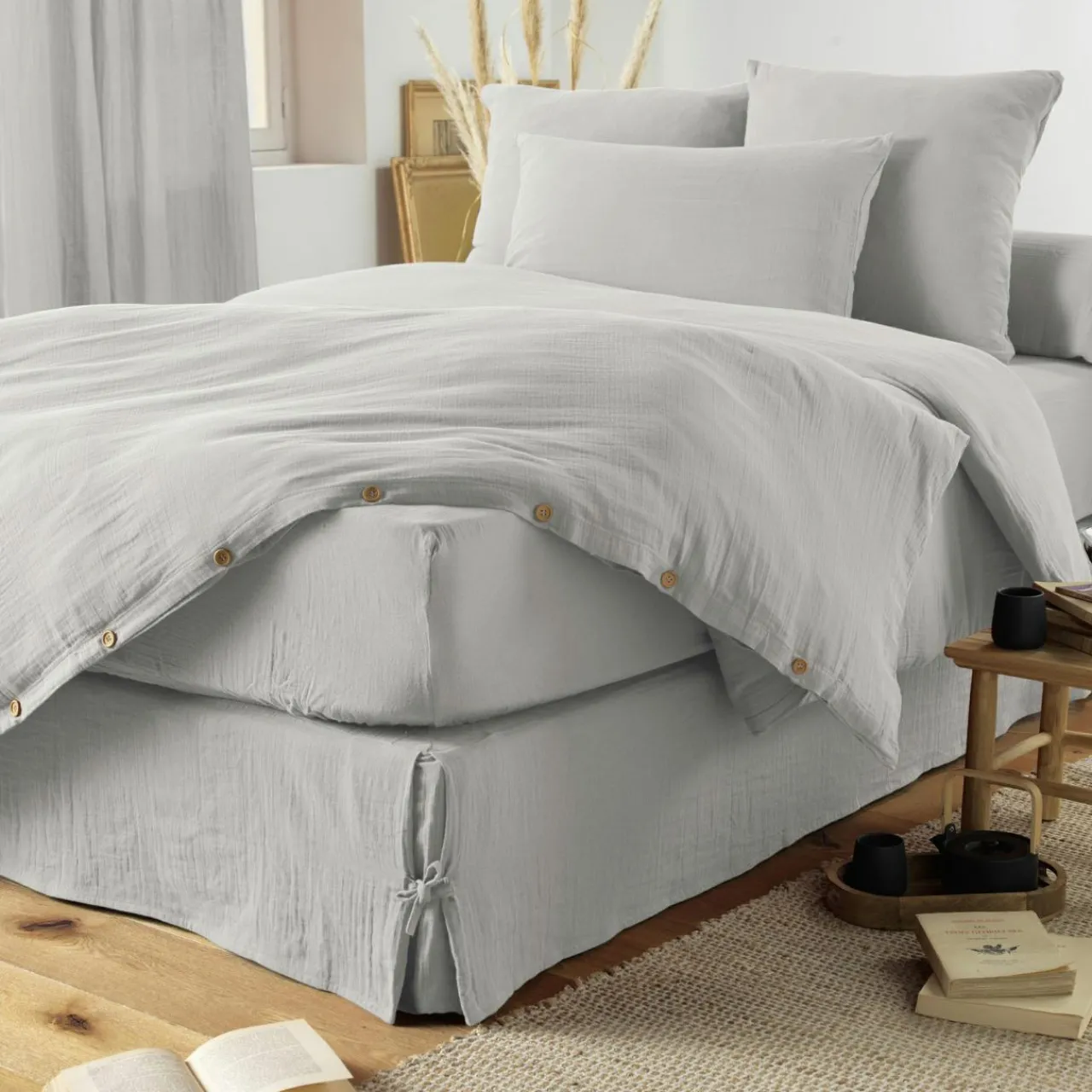 Protection De Literie|EMINZA Cache-sommier Gaze de coton (160 x 200 cm) Gaïa Gris nuage Gris clair