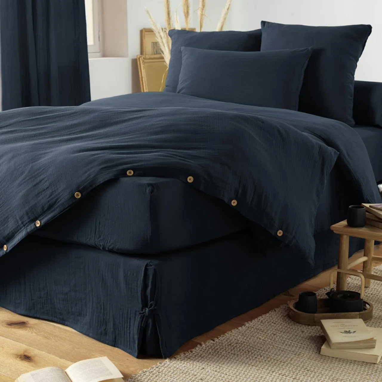 Protection De Literie|EMINZA Cache-sommier Gaze de coton (140 x 190 cm) Gaïa Bleu nuit