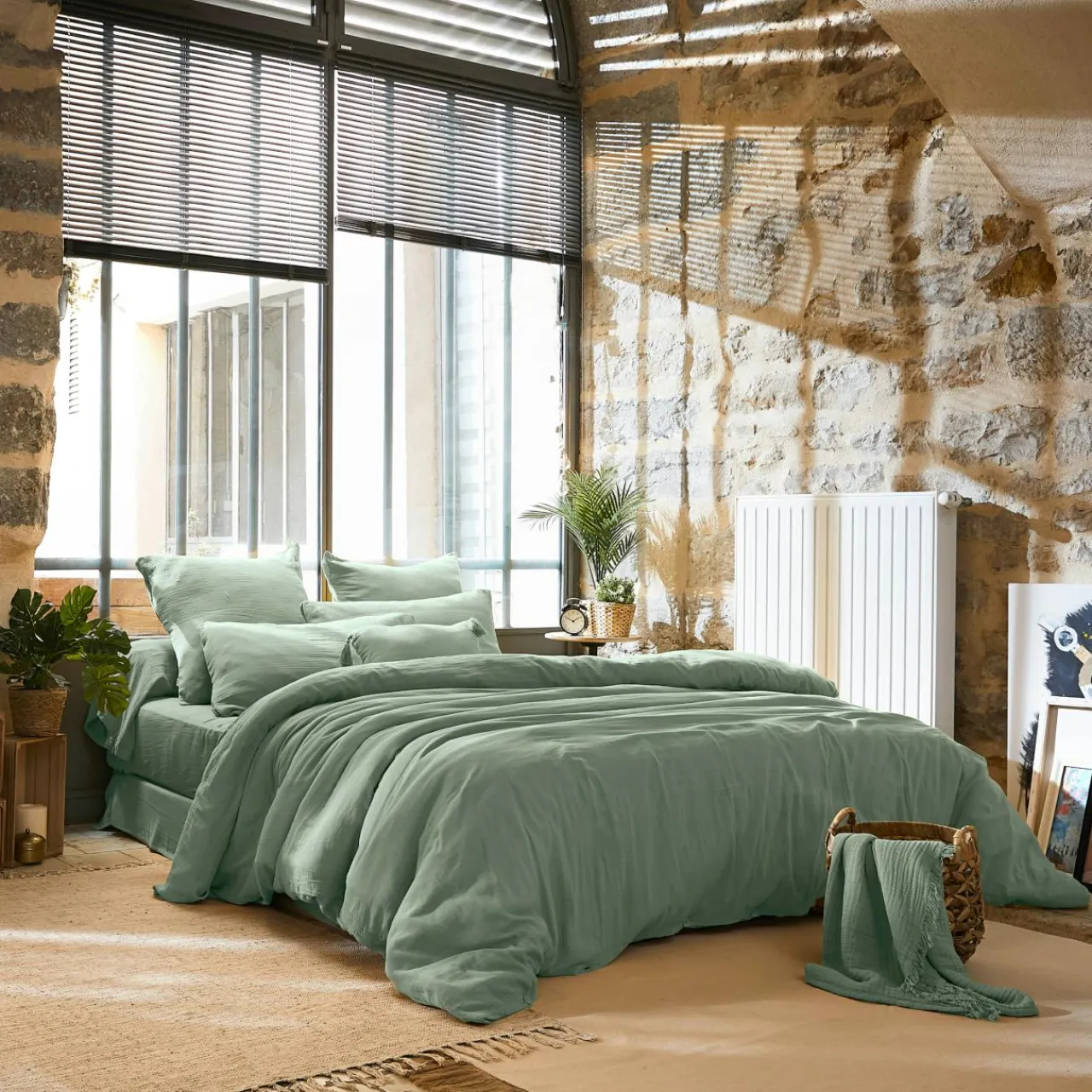 Protection De Literie|EMINZA Cache-sommier Gaze de coton (180 x 200 cm) Gaïa Vert Eucalyptus