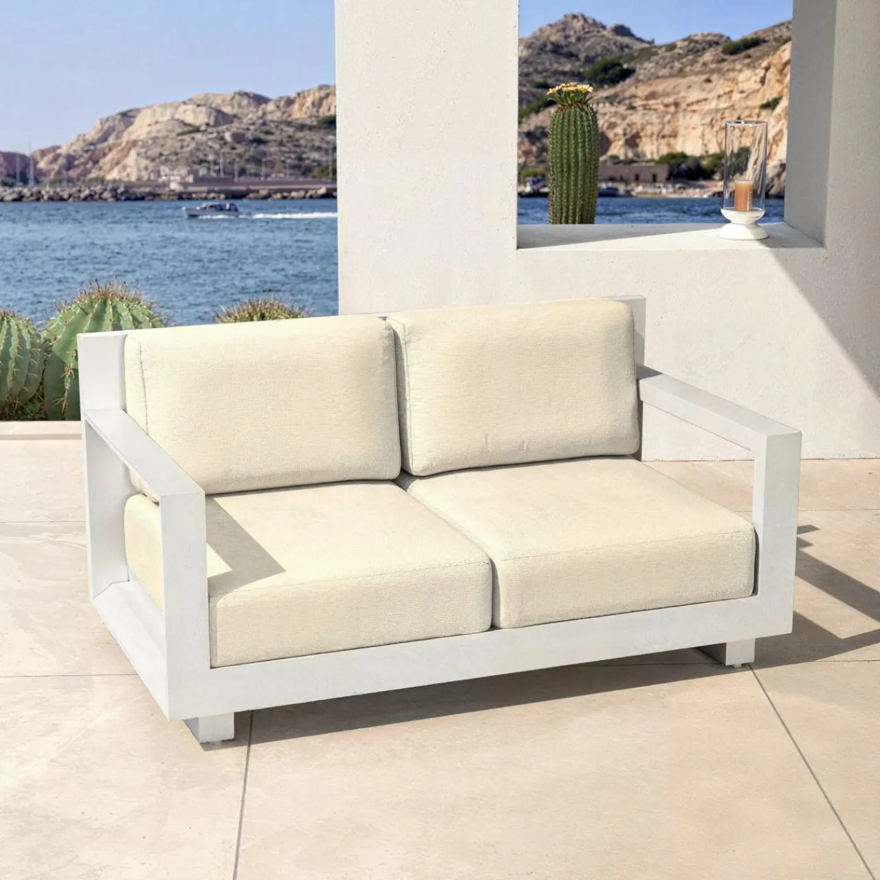 Canapé, Fauteuil Et Table Basse|MOBELLIA Canapé de jardin en aluminium 2 places Elba Blanc et beige Blanc - Beige