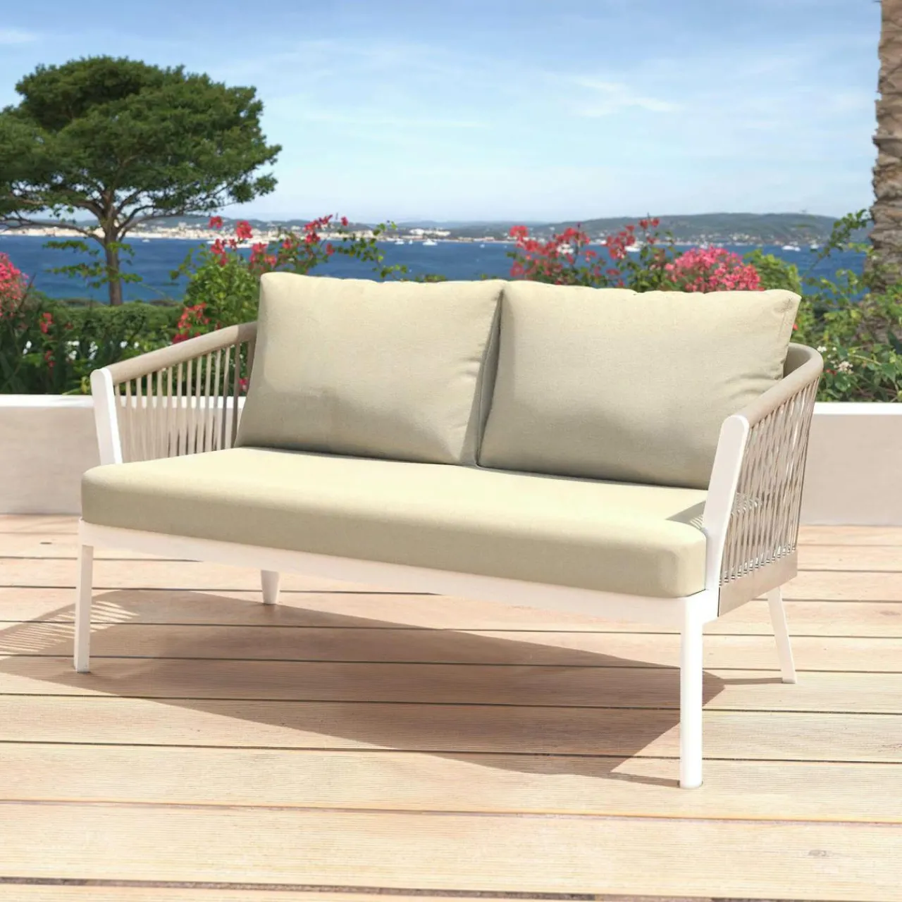 Canapé, Fauteuil Et Table Basse|MOBELLIA Canapé de jardin en aluminium 2 places Amalfi Blanc et beige Blanc - Beige