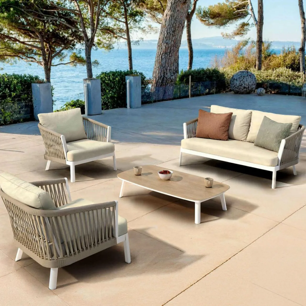Canapé, Fauteuil Et Table Basse|MOBELLIA Canapé de jardin en aluminium 2 places Amalfi Blanc et beige Blanc - Beige