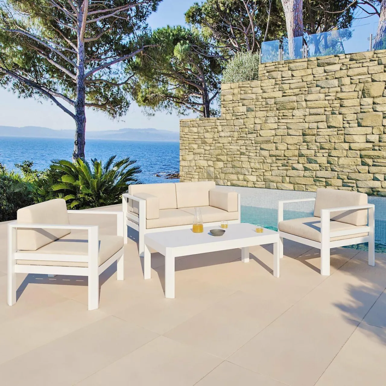 Canapé, Fauteuil Et Table Basse|MOBELLIA Canapé de jardin en aluminium 2 places Ostara et taupe Blanc