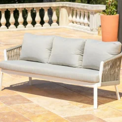 Canapé, Fauteuil Et Table Basse|MOBELLIA Canapé de jardin en aluminium 3 places Amalfi Blanc et taupe Blanc - Taupe