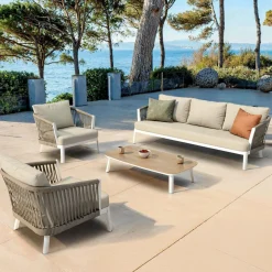Canapé, Fauteuil Et Table Basse|MOBELLIA Canapé de jardin en aluminium 3 places Amalfi Blanc et beige Blanc - Beige