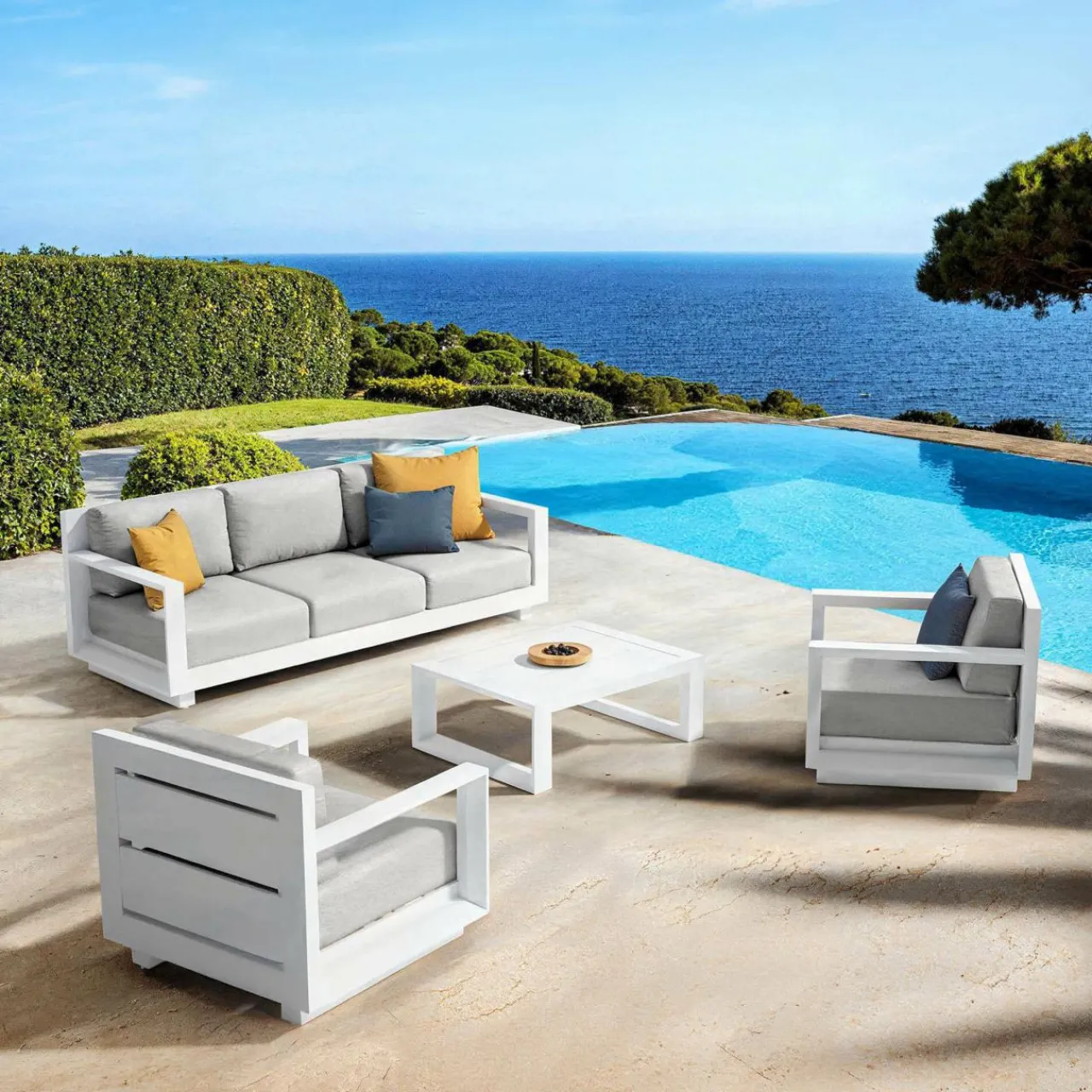 Canapé, Fauteuil Et Table Basse|MOBELLIA Canapé de jardin en aluminium 3 places Elba Blanc et gris clair Blanc - Gris Clair