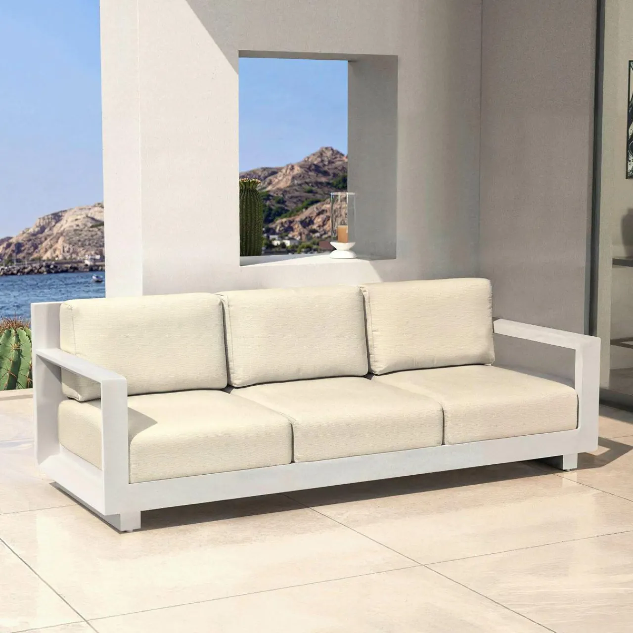 Canapé, Fauteuil Et Table Basse|MOBELLIA Canapé de jardin en aluminium 3 places Elba Blanc et beige Blanc - Beige