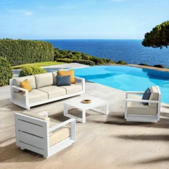 Canapé, Fauteuil Et Table Basse|MOBELLIA Canapé de jardin en aluminium 3 places Elba Blanc et beige Blanc - Beige