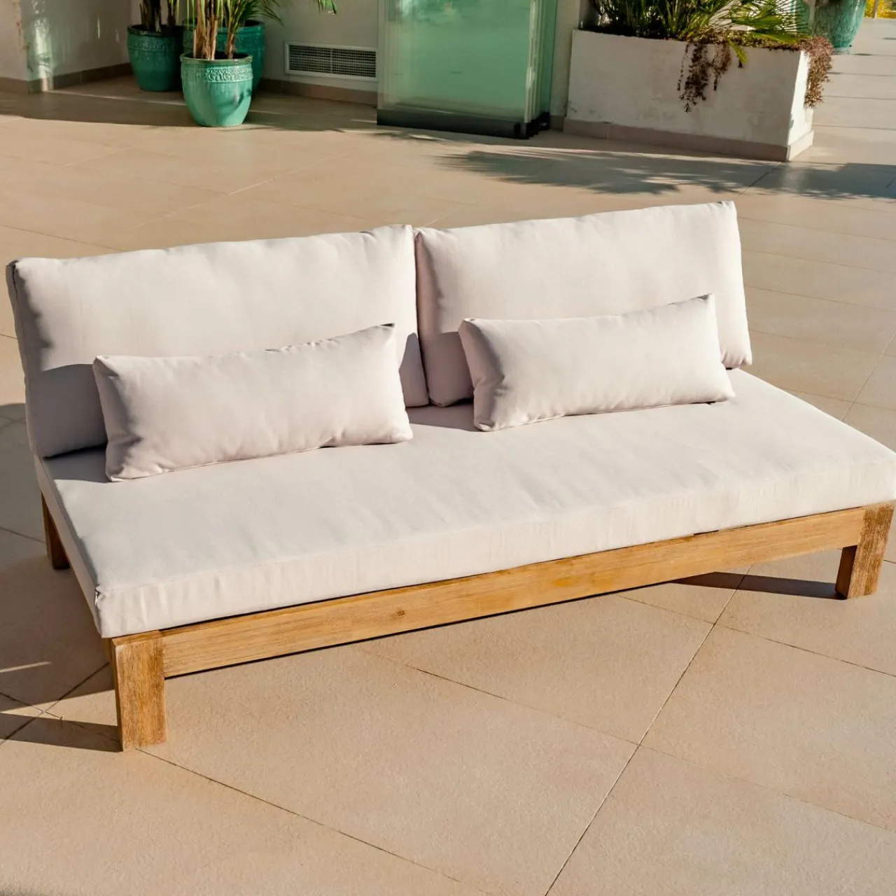 Canapé, Fauteuil Et Table Basse|MOBELLIA Canapé de jardin en bois d'acacia 3 places Bornéo Sable