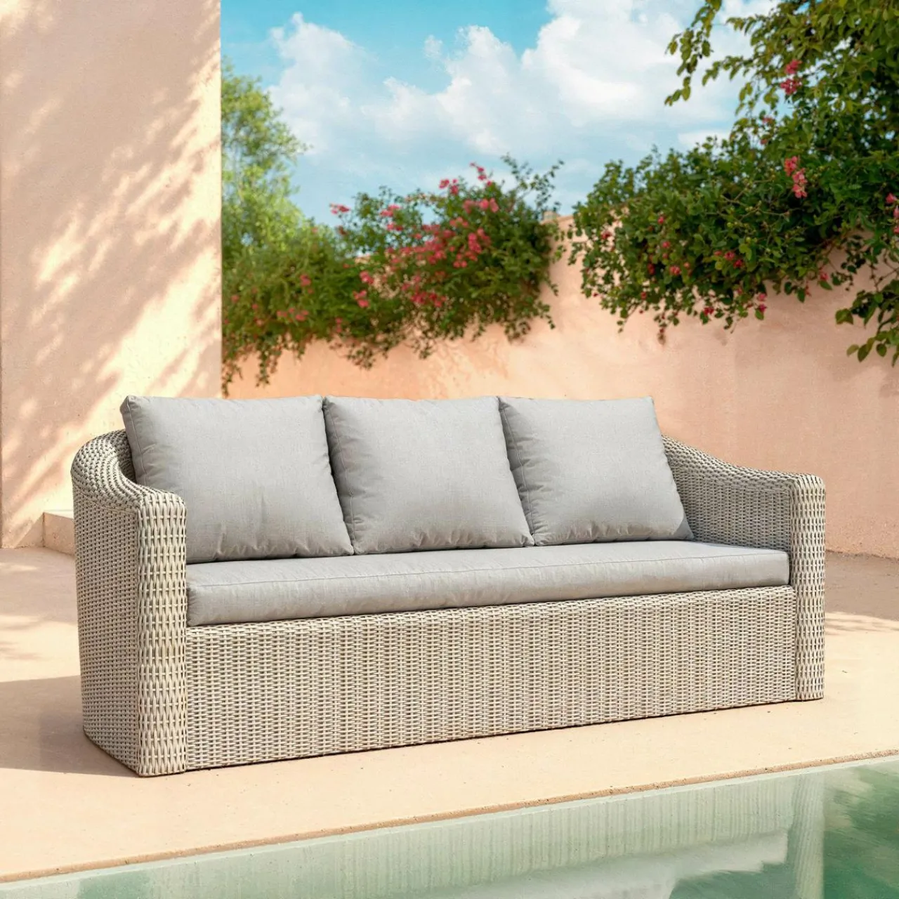 Canapé, Fauteuil Et Table Basse|MOBELLIA Canapé de jardin en résine tressée 3 places Calvi Gris clair Tressé Gris - Gris clair