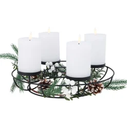 Centre De Table|KOOPMAN Centre de table 4 bougies LED (D33 cm) Couronne déco nature Noir