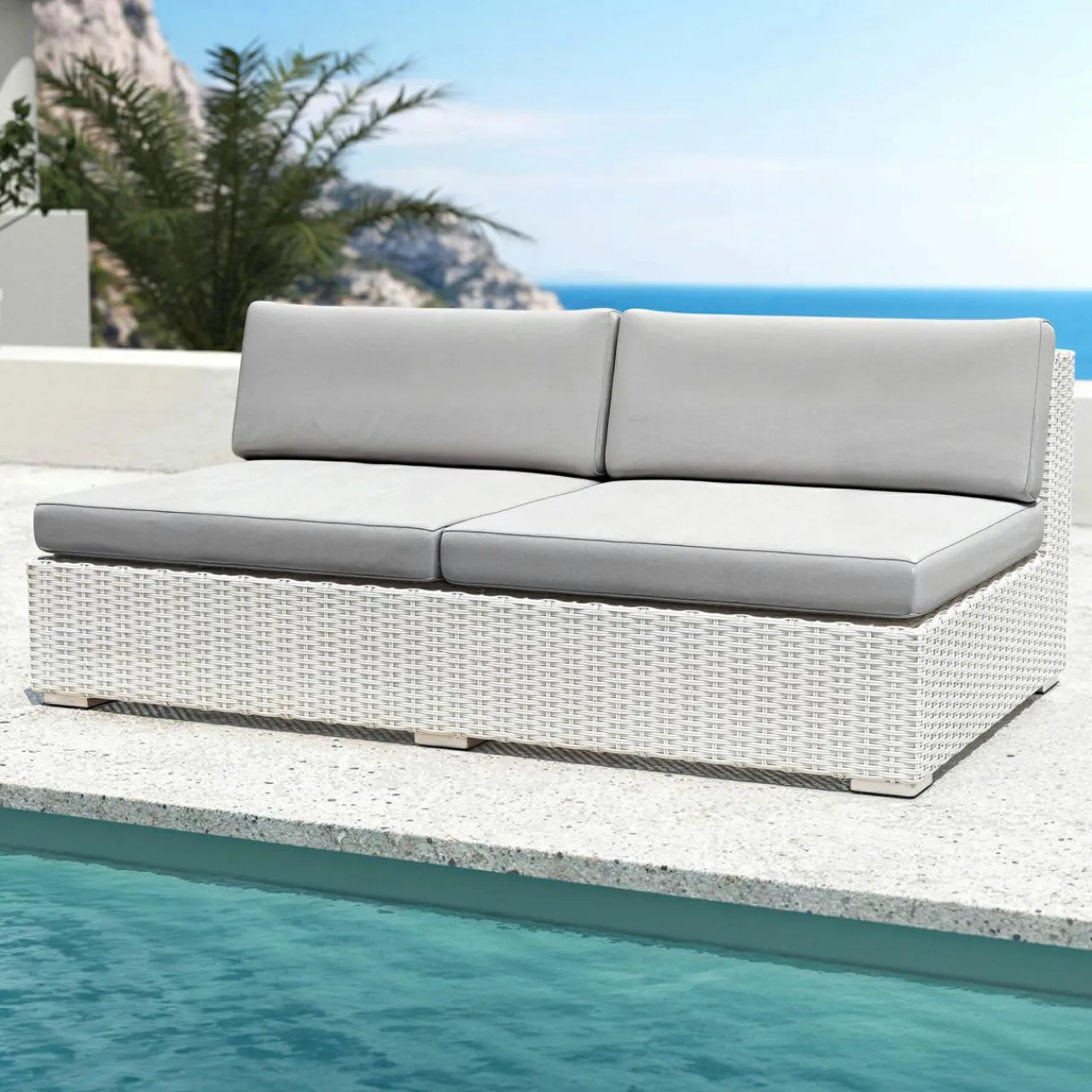 Canapé, Fauteuil Et Table Basse|MOBELLIA Chauffeuse de jardin en résine tressée 2 places Palma Blanc et gris Tresse Blanc - Gris