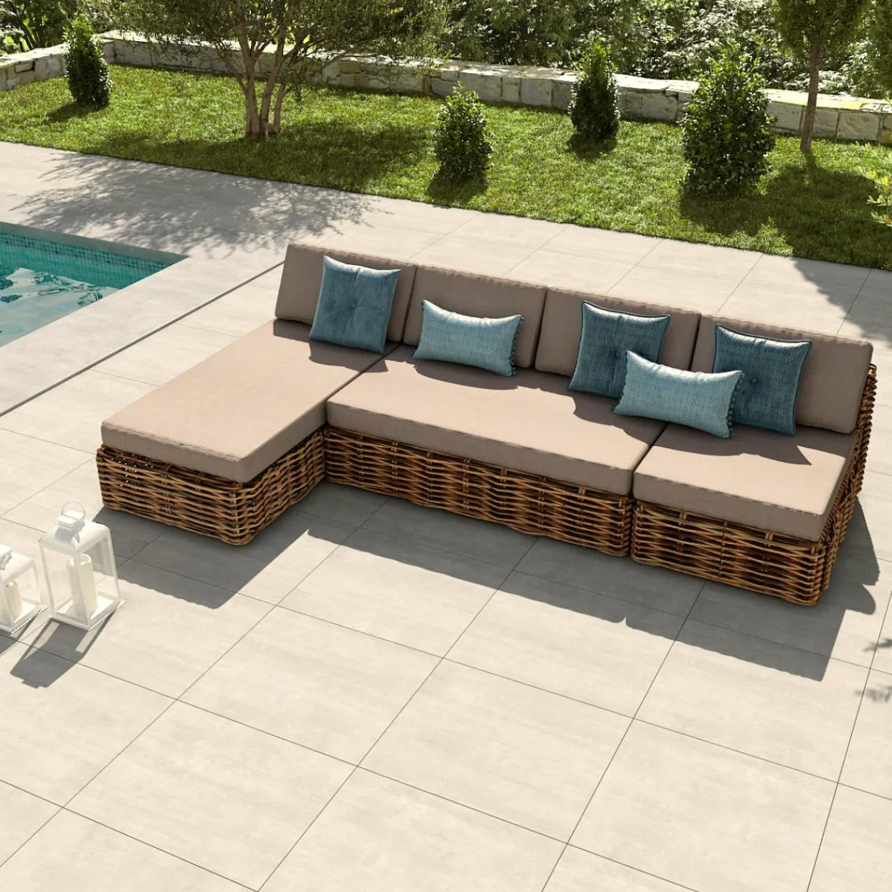 Fauteuil Détente|Canapé, Fauteuil Et Table Basse|MOBELLIA Chauffeuse de jardin en rotin Surabaya Sepia et beige Marron