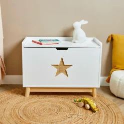 Petit Meuble Enfant|EMINZA Coffre à jouet avec couvercle enfant bois (H51 cm) Stars Blanc