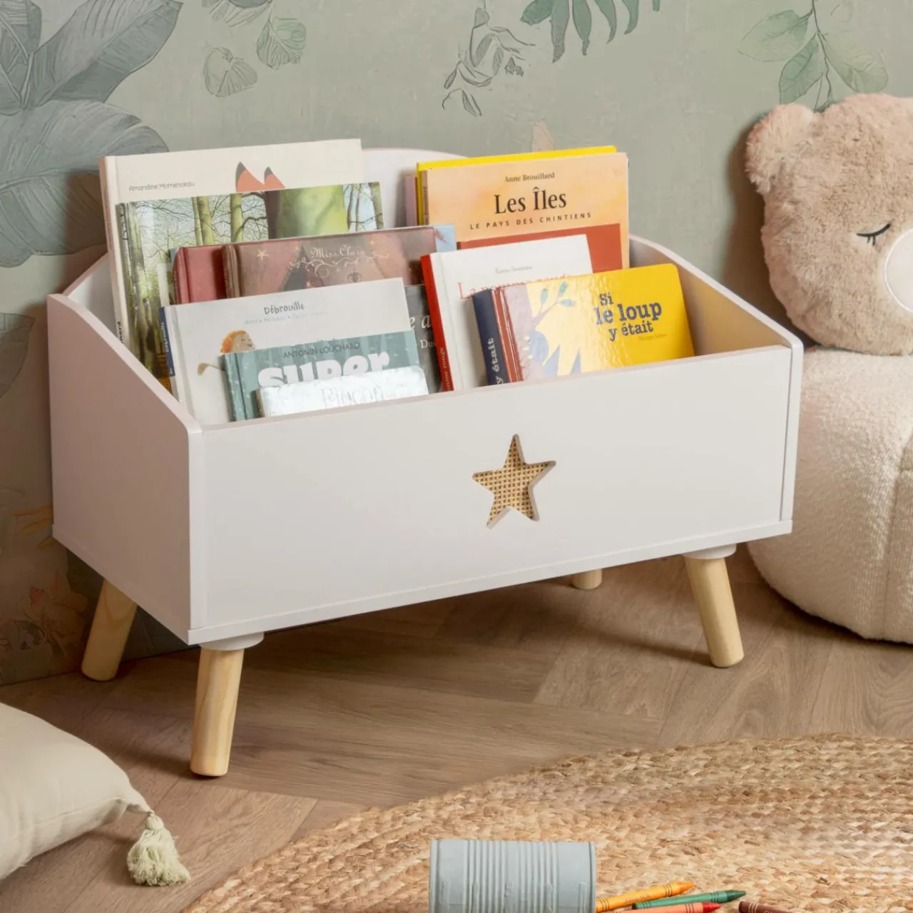 Petit Meuble Enfant|EMINZA Coffre à jouet ouvert enfant bois (H44 cm) Stars Blanc