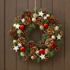 Couronne De Noël|Feeric Lights & Christmas Couronne de Noël (D35 cm) Houx baies et étoiles Rouge