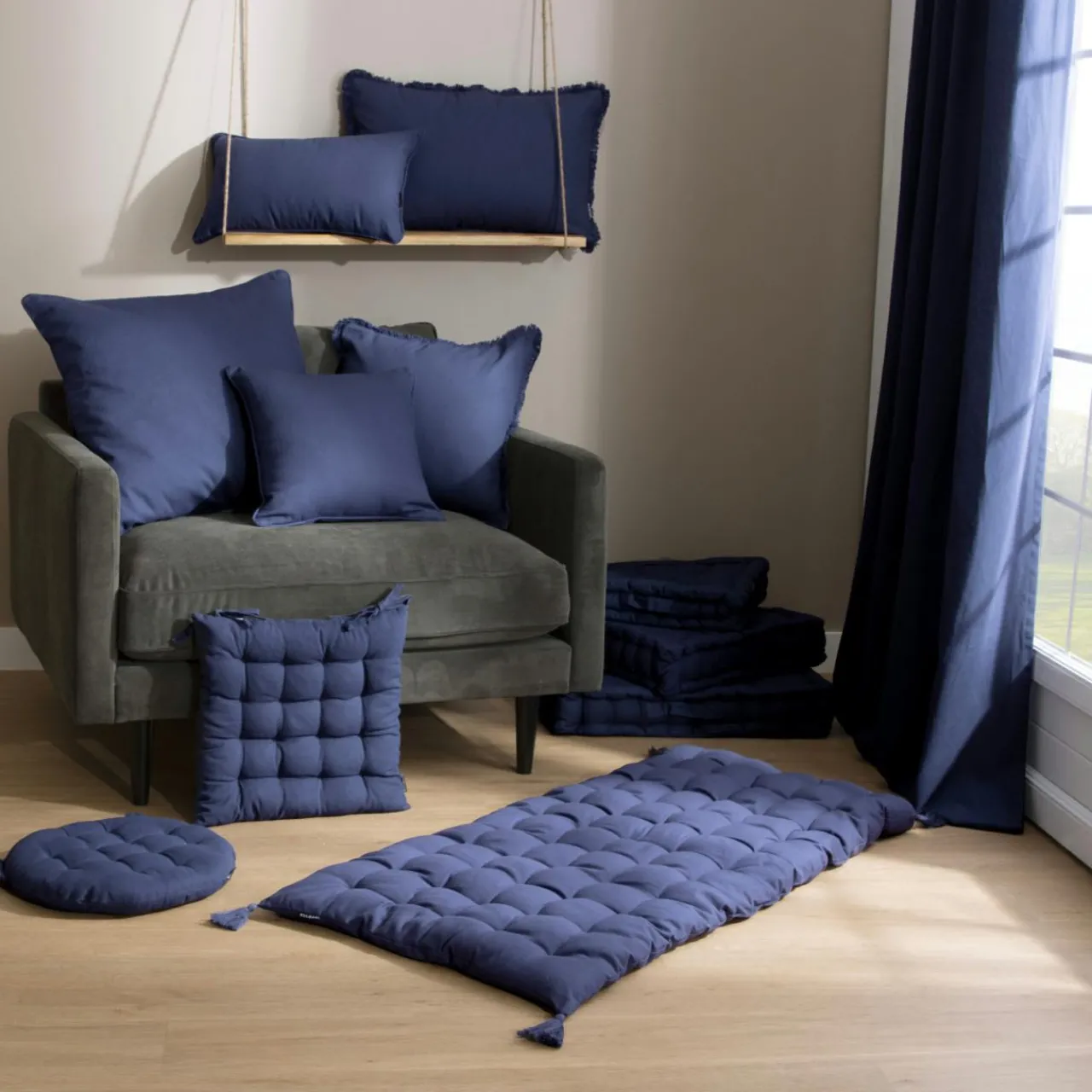 Coussin Et Housse|EMINZA Coussin carré coton (60 x 60 cm) Pixel Bleu marine