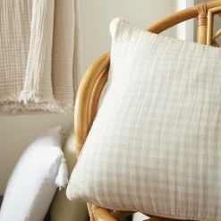 Coussin Et Housse|EMINZA Coussin carré gaze de coton (45 x 45 cm) Gaïa vichy Beige