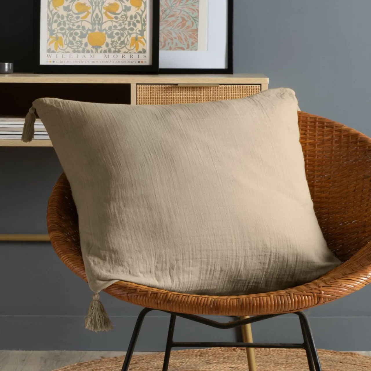 Coussin Et Housse|EMINZA Coussin carré gaze de coton (60 x 60 cm) Gaïa Ficelle