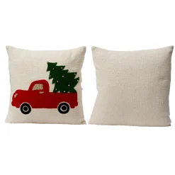 Plaid, Coussin Et Tapis De Noël|KAEMINGK Coussin de Noël carré coton (45 x 45 cm) Joyeuse Camionnette Rouge