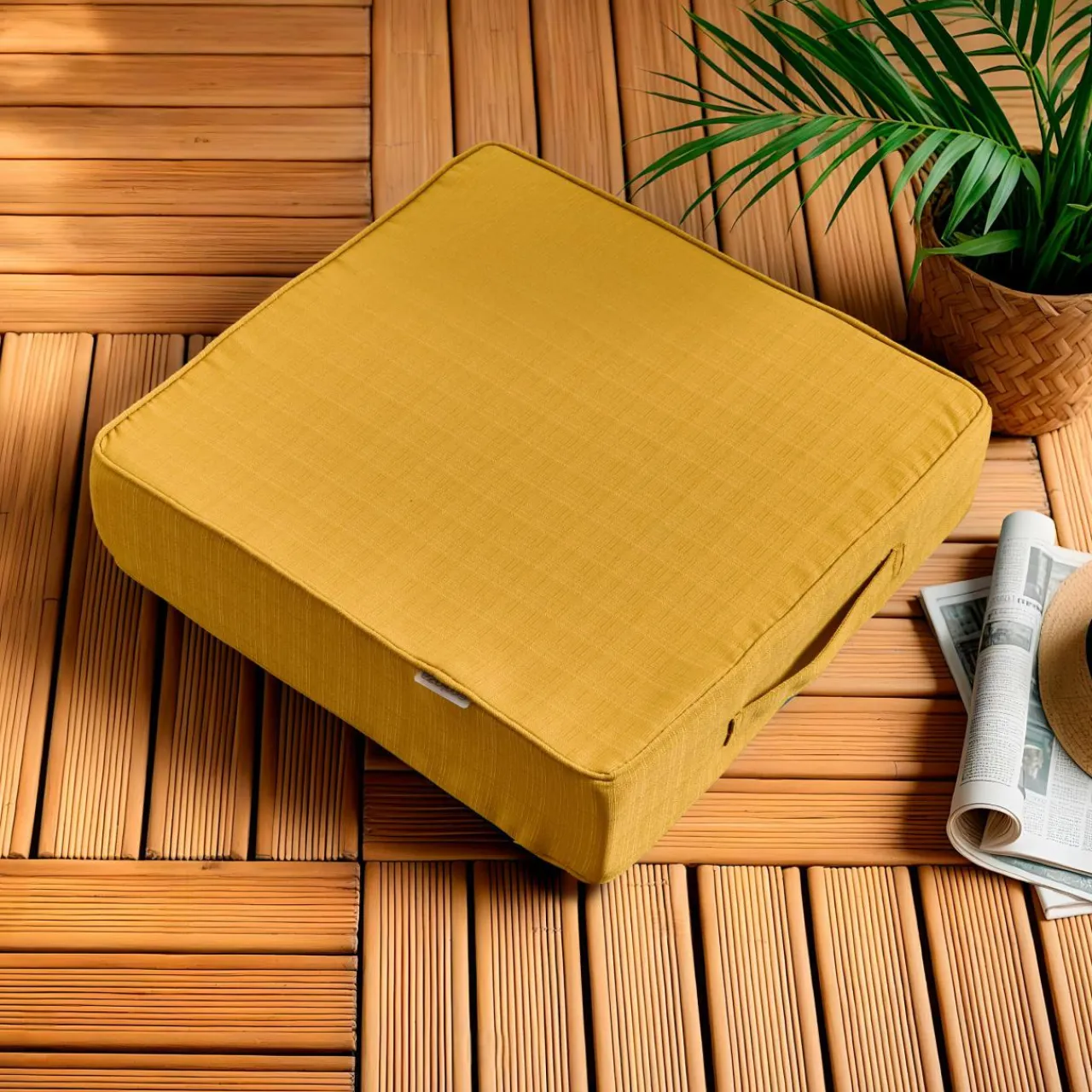 Accessoires Et Coussins|Coussin Déco D'Extérieur|EMINZA Coussin de sol extérieur déhoussable (45 x 45 cm) Sunset Jaune moutarde