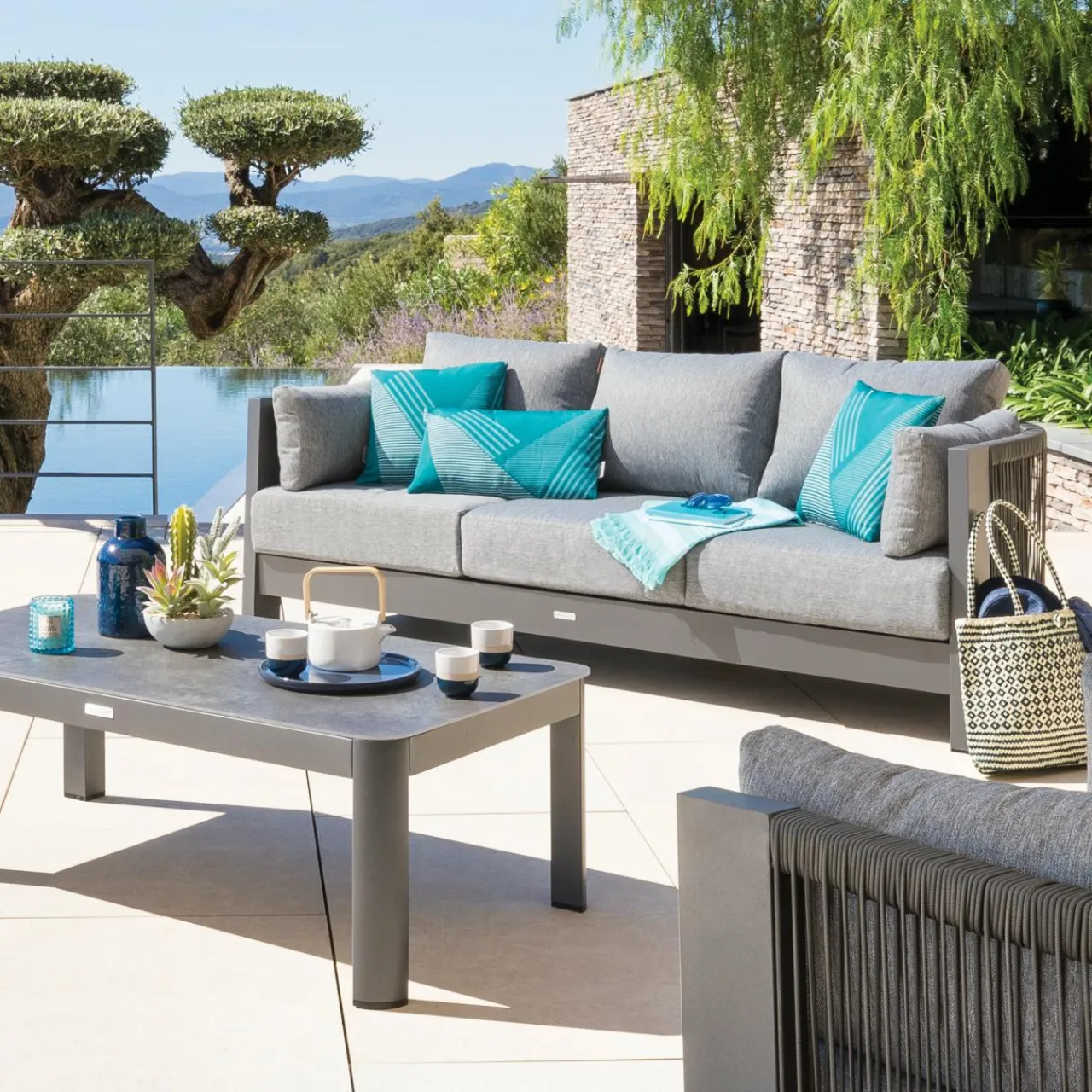 Accessoires Et Coussins|Coussin Déco D'Extérieur|HESPERIDE Coussin extérieur carré (40 x 40 cm) Jacquard Bleu canard