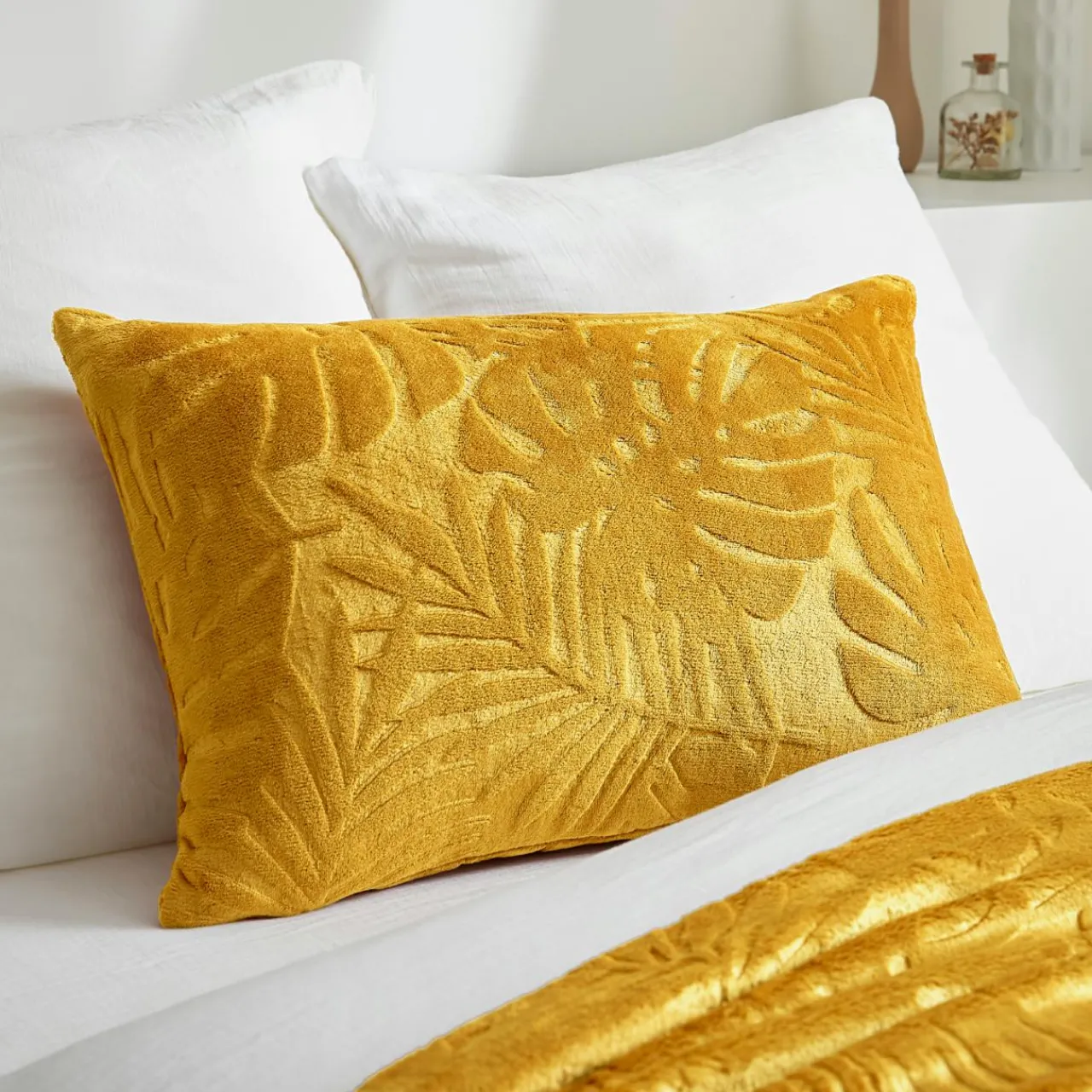 Coussin Et Housse|EMINZA Coussin rectangulaire flanelle (40 x 60 cm) Flore Jaune moutarde