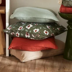 Coussin Et Housse|EMINZA Coussin rectangulaire gaze de coton (40 x 60 cm) Gaïa Marguerite Vert Romarin