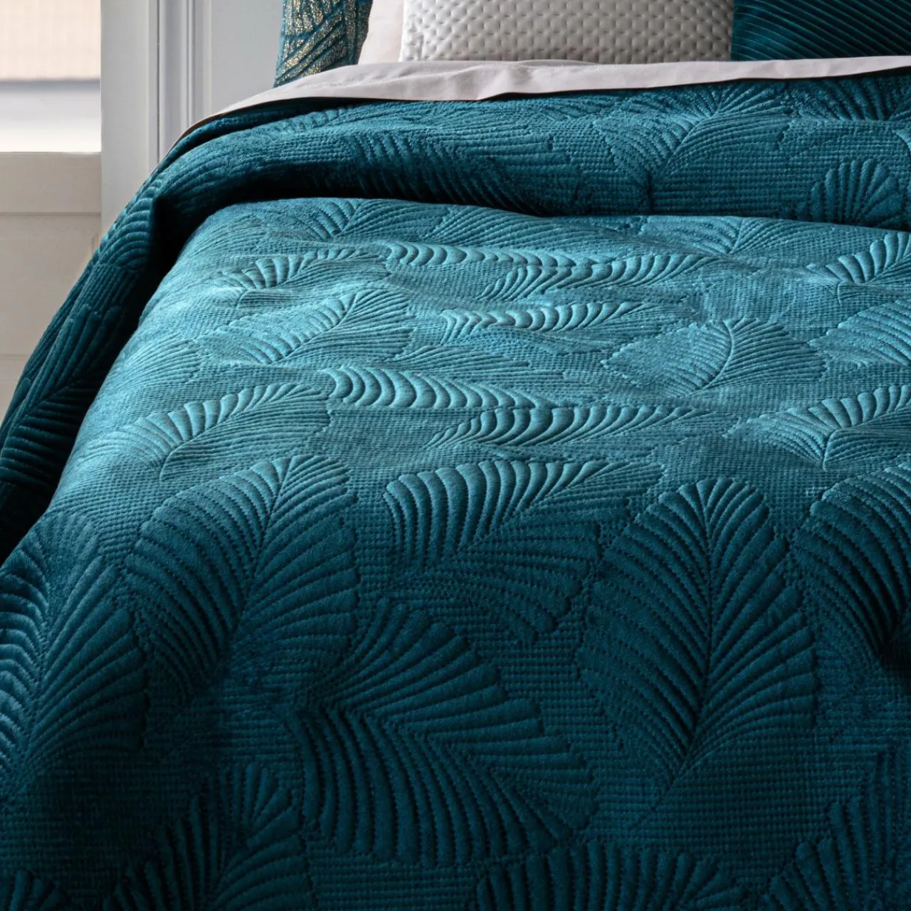 Couvre-Lit Et Édredon|ATMOSPHERA Couvre-lit (260 x 240 cm) Feuilles Bleu canard