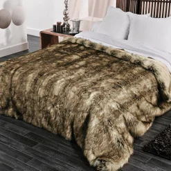 Couvre-Lit Et Édredon|LINDER Couvre-lit (150 x 200 cm) Imitation fourrure Grizzly Marron