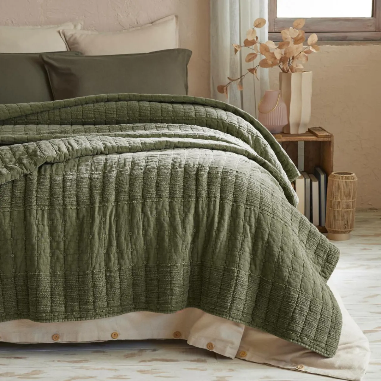 Couvre-Lit Et Édredon|EMINZA Couvre-lit coton matelassé (220 x 240 cm) Lena Vert romarin