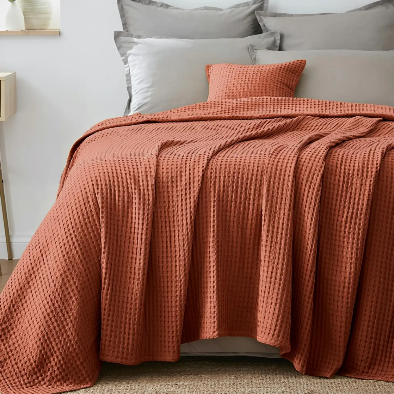 Plaid Et Jeté|Couvre-Lit Et Édredon|EMINZA Couvre-lit coton nid d'abeille (220 x 250 cm) Maya Terracotta