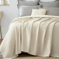 Plaid Et Jeté|Couvre-Lit Et Édredon|EMINZA Couvre-lit coton nid d'abeille (180 x 220 cm) Maya pampa Beige