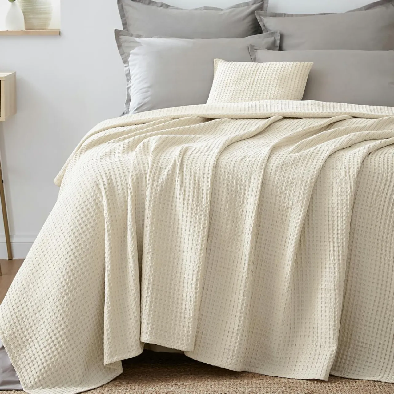 Plaid Et Jeté|Couvre-Lit Et Édredon|EMINZA Couvre-lit coton nid d'abeille (180 x 220 cm) Maya pampa Beige