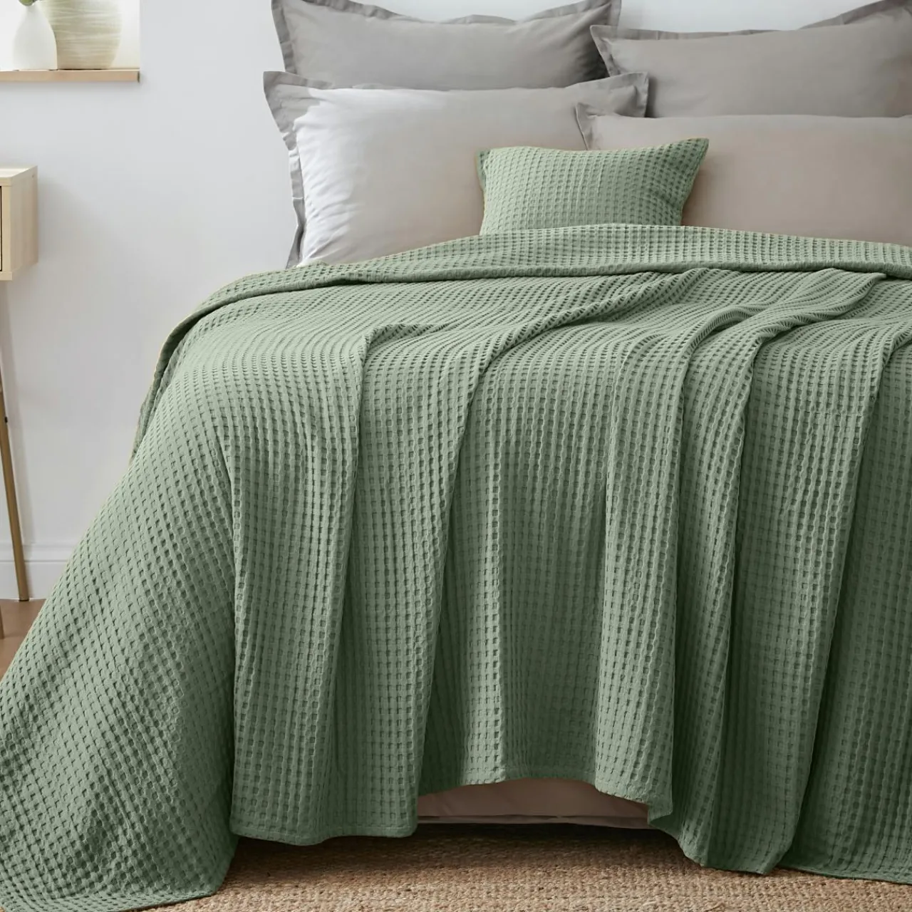 Plaid Et Jeté|Couvre-Lit Et Édredon|EMINZA Couvre-lit coton nid d'abeille (220 x 250 cm) Maya Vert romarin