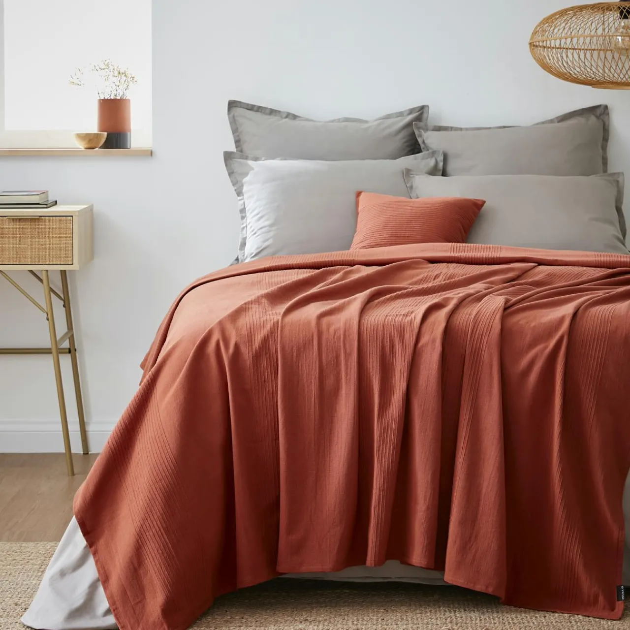 Plaid Et Jeté|Couvre-Lit Et Édredon|EMINZA Couvre-lit coton tissé (220 x 250 cm) Léa Terracotta
