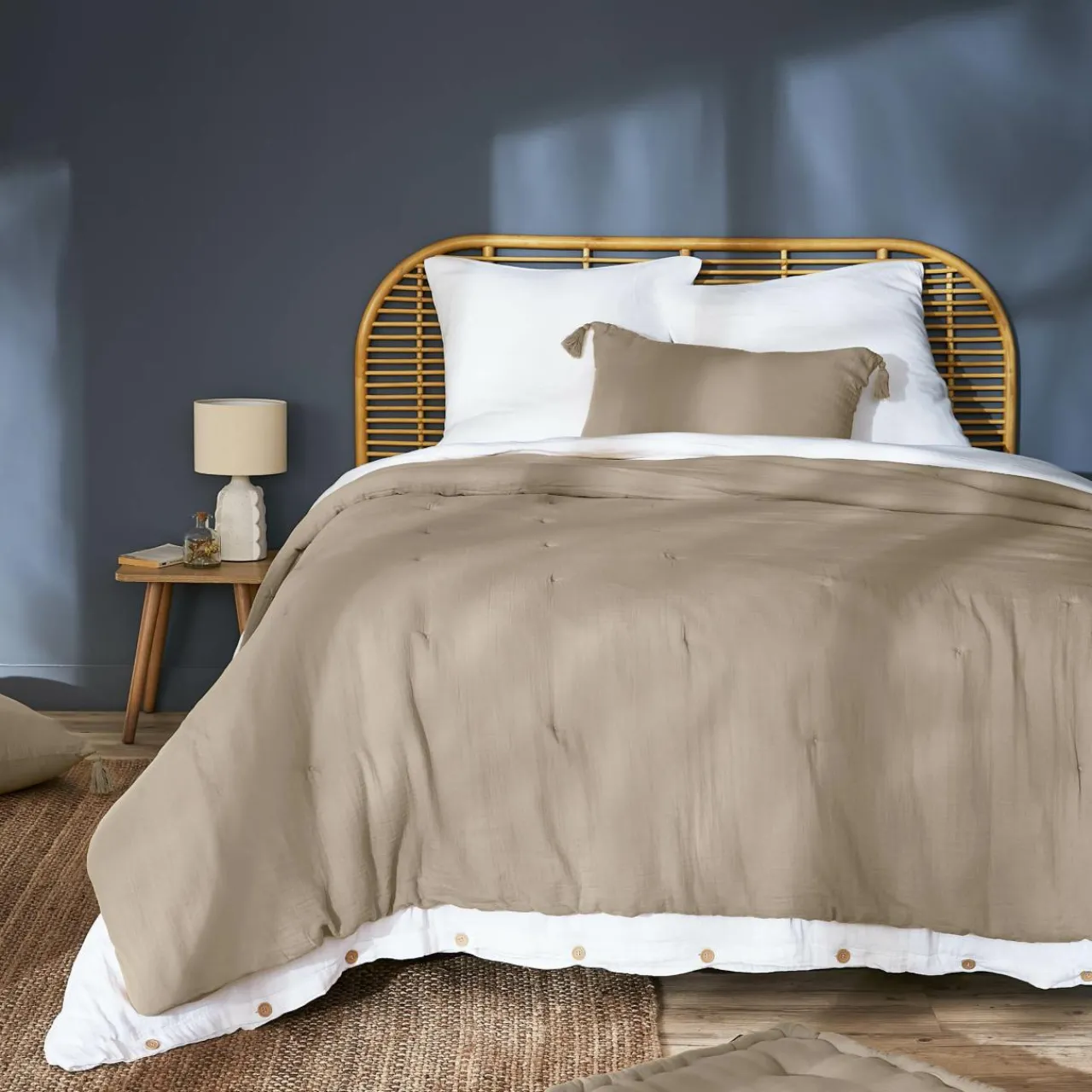 Couvre-Lit Et Édredon|EMINZA Couvre-lit matelassé gaze de coton (240 x 220 cm) Gaïa Ficelle