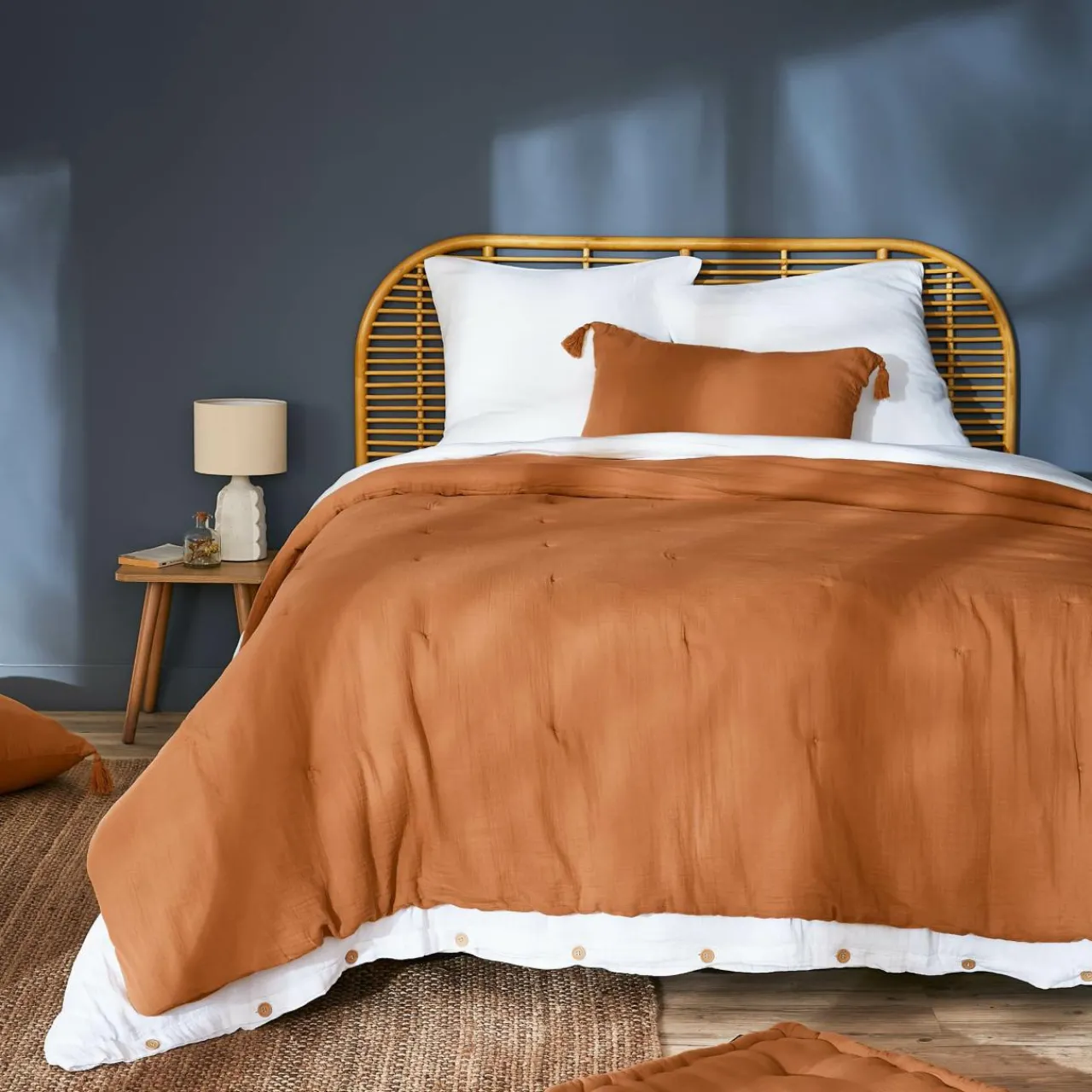 Couvre-Lit Et Édredon|EMINZA Couvre-lit matelassé gaze de coton (180 x 240 cm) Gaïa Abricot