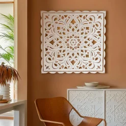 Toile, Cadre, Déco Murale|EMINZA Décoration murale en bois (L80 cm) Mandala patiné Blanc