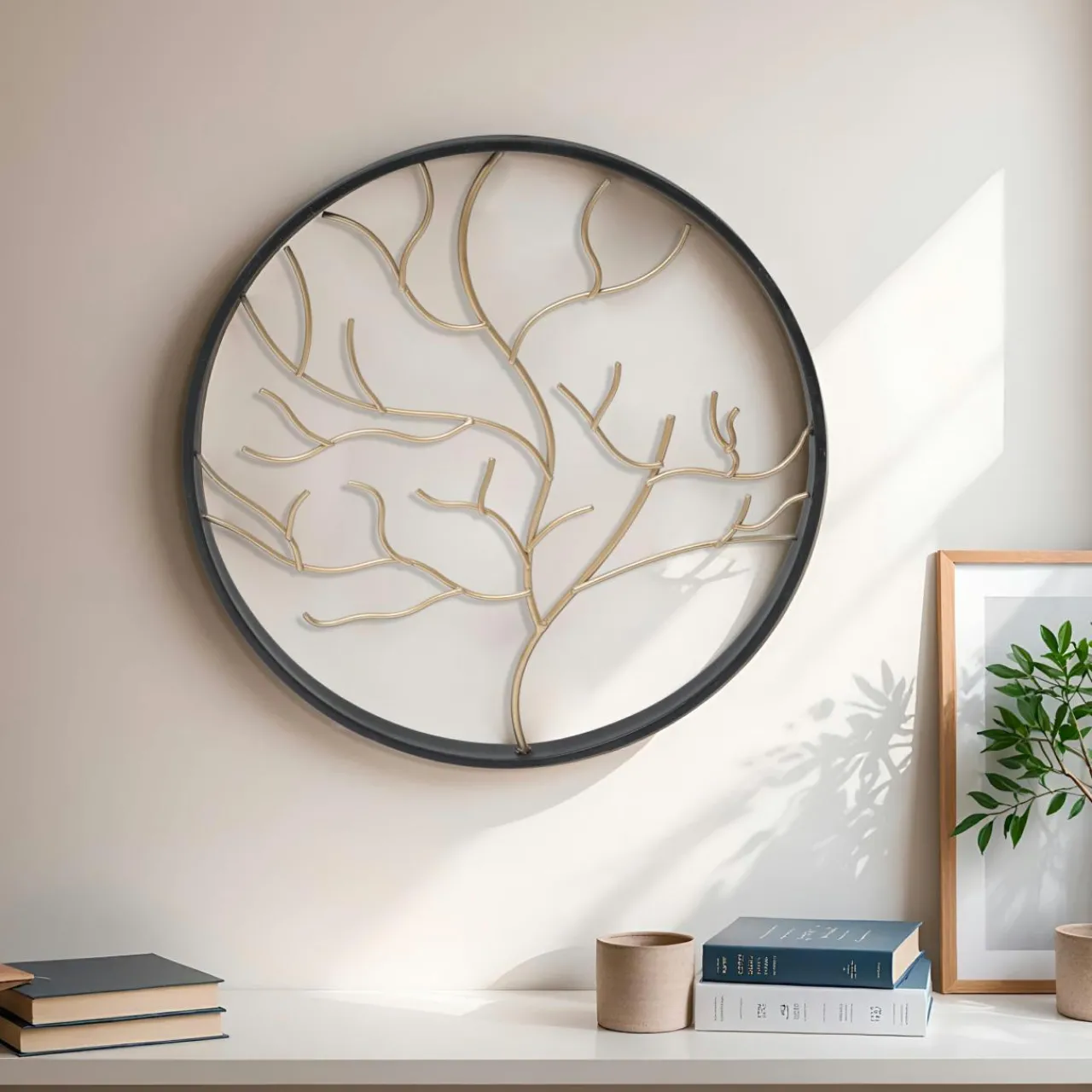 Toile, Cadre, Déco Murale|EMINZA Décoration murale ronde en métal (D28 cm) Arbre contemporain et doré Noir