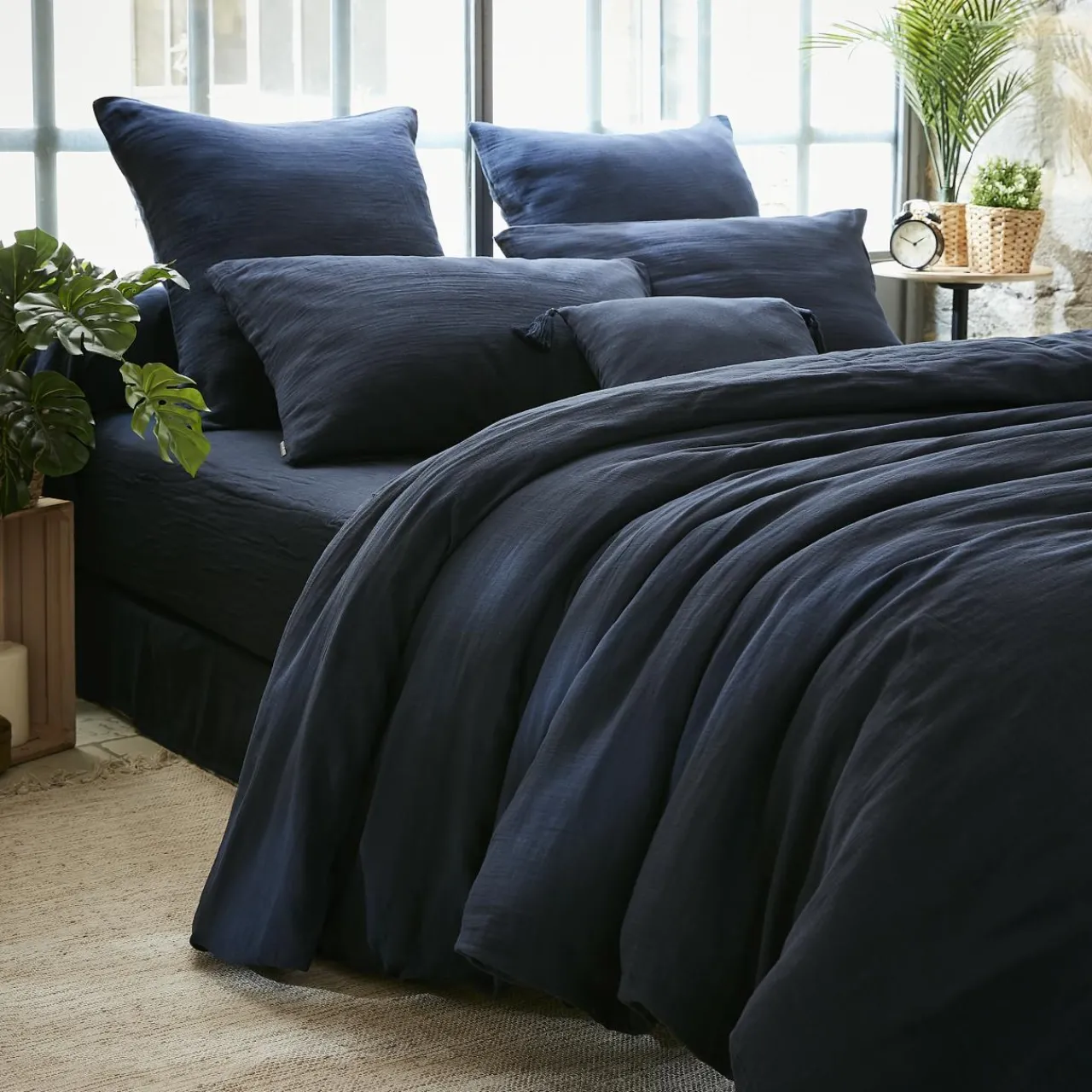 Drap Housse|EMINZA Drap housse gaze de coton (90 x 200 cm) Gaïa Bleu nuit