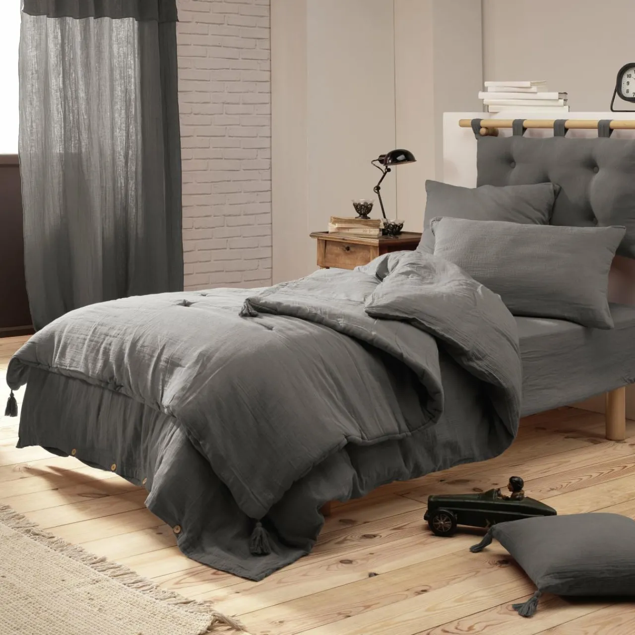 Drap Housse|EMINZA Drap housse gaze de coton (90 x 190 cm) Gaïa Gris granit Gris foncé