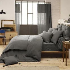 Drap Housse|EMINZA Drap housse gaze de coton (140 x 190 cm) Gaïa Gris granit Gris foncé